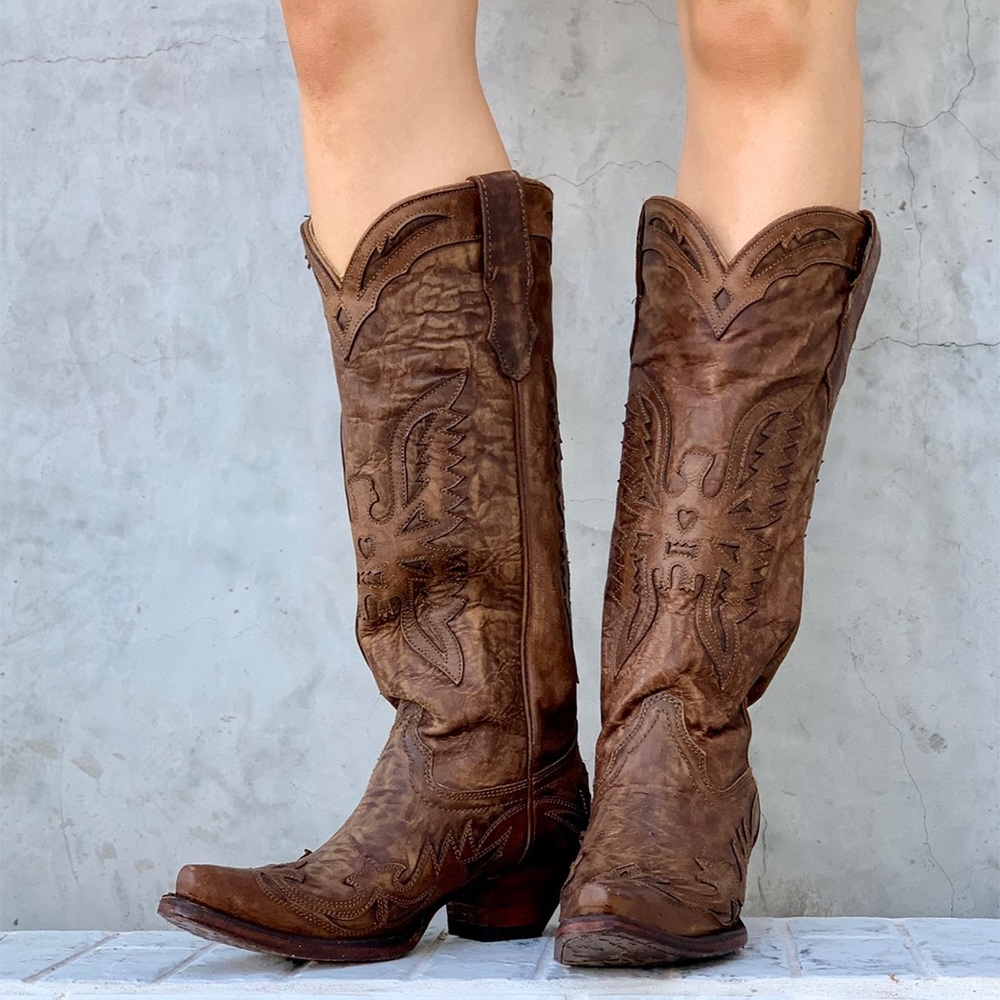 Vintage Brown Tall Eagle Overlay Boots